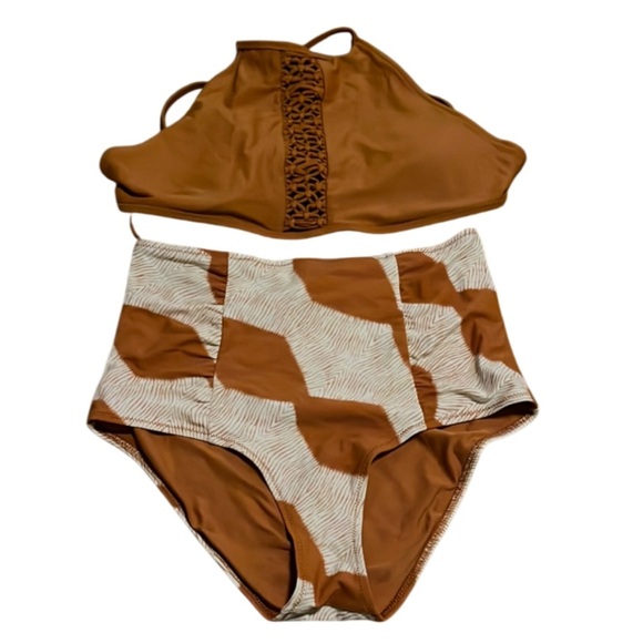 AERIE 2 Piece Swimsuit- Burnt Orange/Brown Halter Top / High waisted bottom- M - Picture 2 of 8